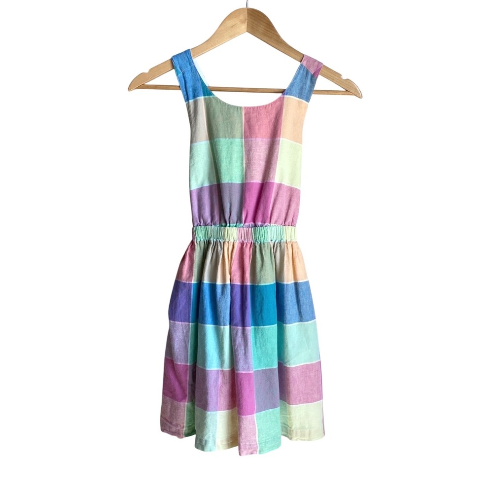 GAP Kids Linen Crossover Back Apron Dress Rainbow Plaid Girls Size L (10-11)